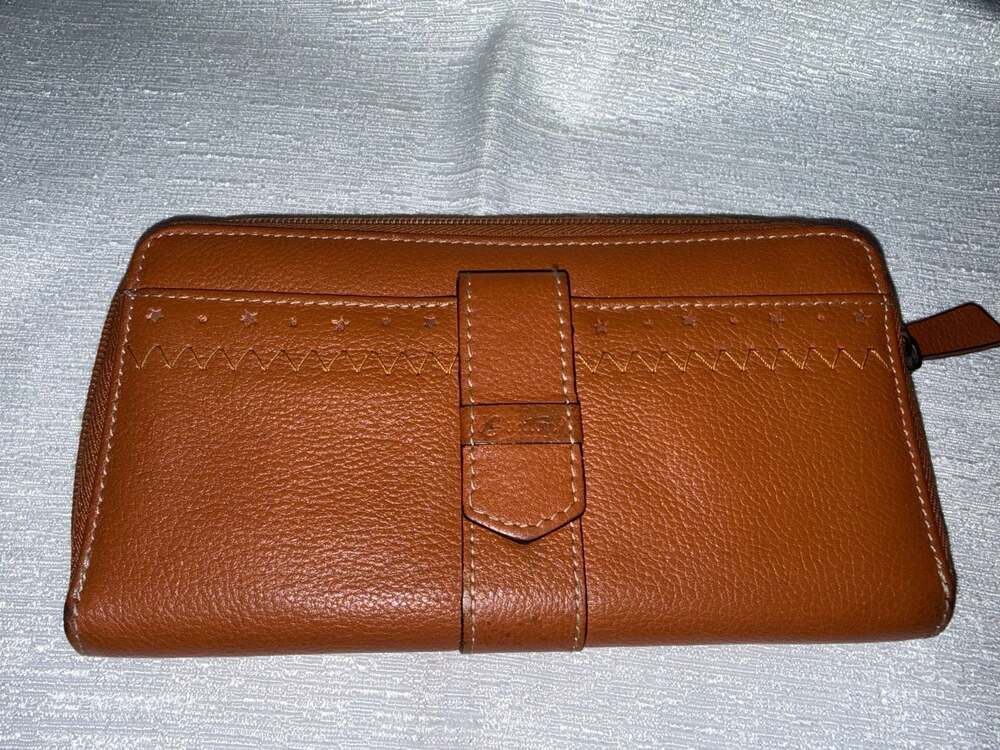 Buxton Brown Pebbled Leather Zip Around Wallet with Front Pocket and Star Stitch